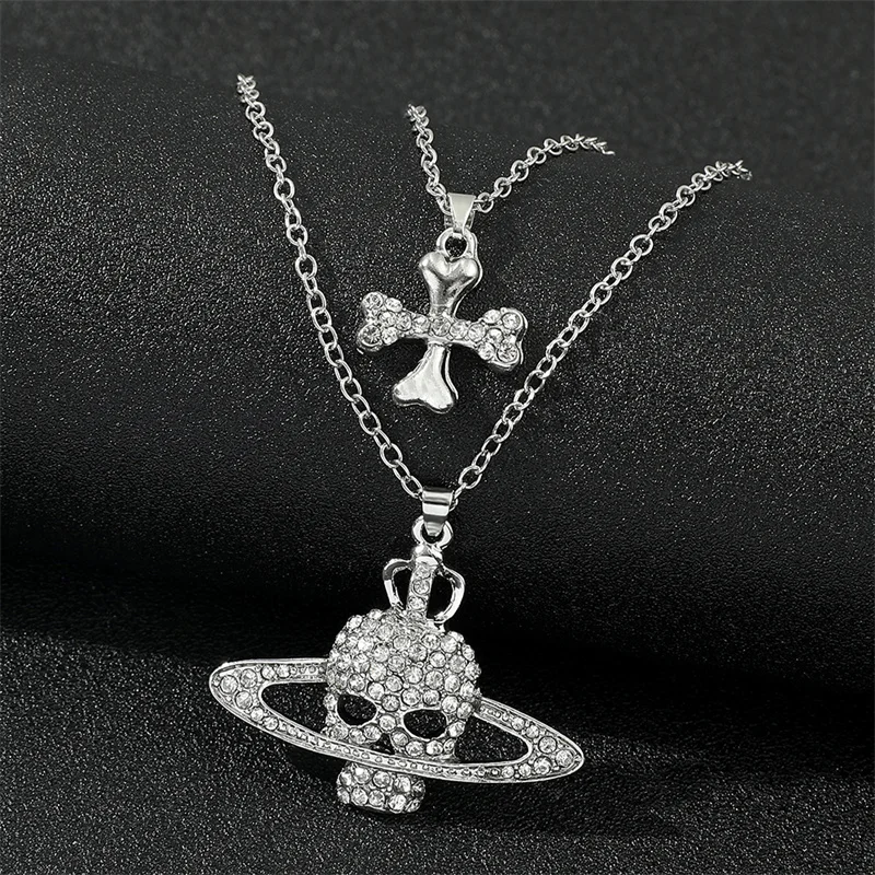 Strass Schädel Anhänger Lange Kreuz Kette Halskette Vintage Punk Goth Stil für Frauen Männer Einzigartige Großhandel Schmuck Zubehör – Detail 3