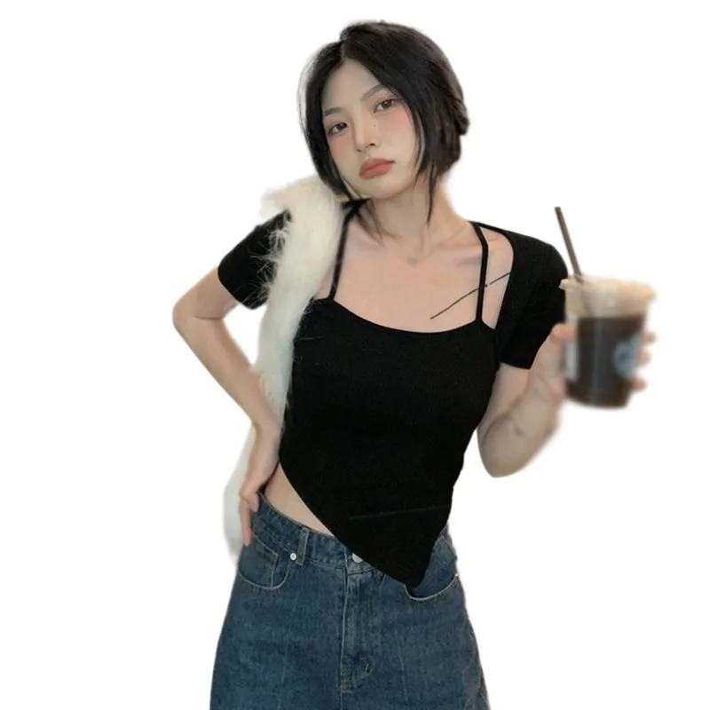 

Женский топ с квадратным вырезом, футболка с асимметричным подолом и коротким рукавом, однотонный облегающий Топ