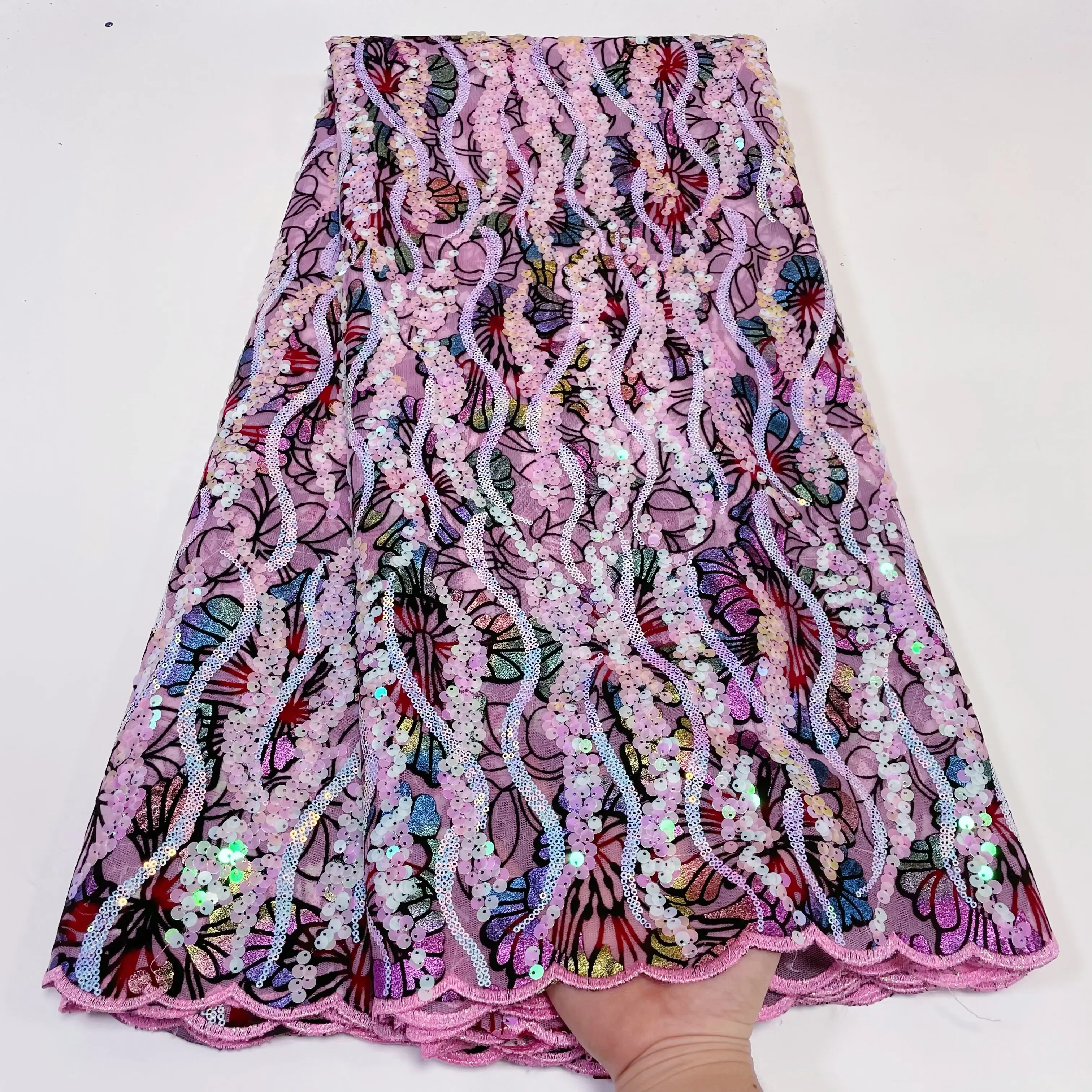 

Африканская Кружевная Ткань 5 ярдов, Высококачественная нигерийская Свадебная Флокированная вышивка блестками, французская Тюлевая кружевная ткань