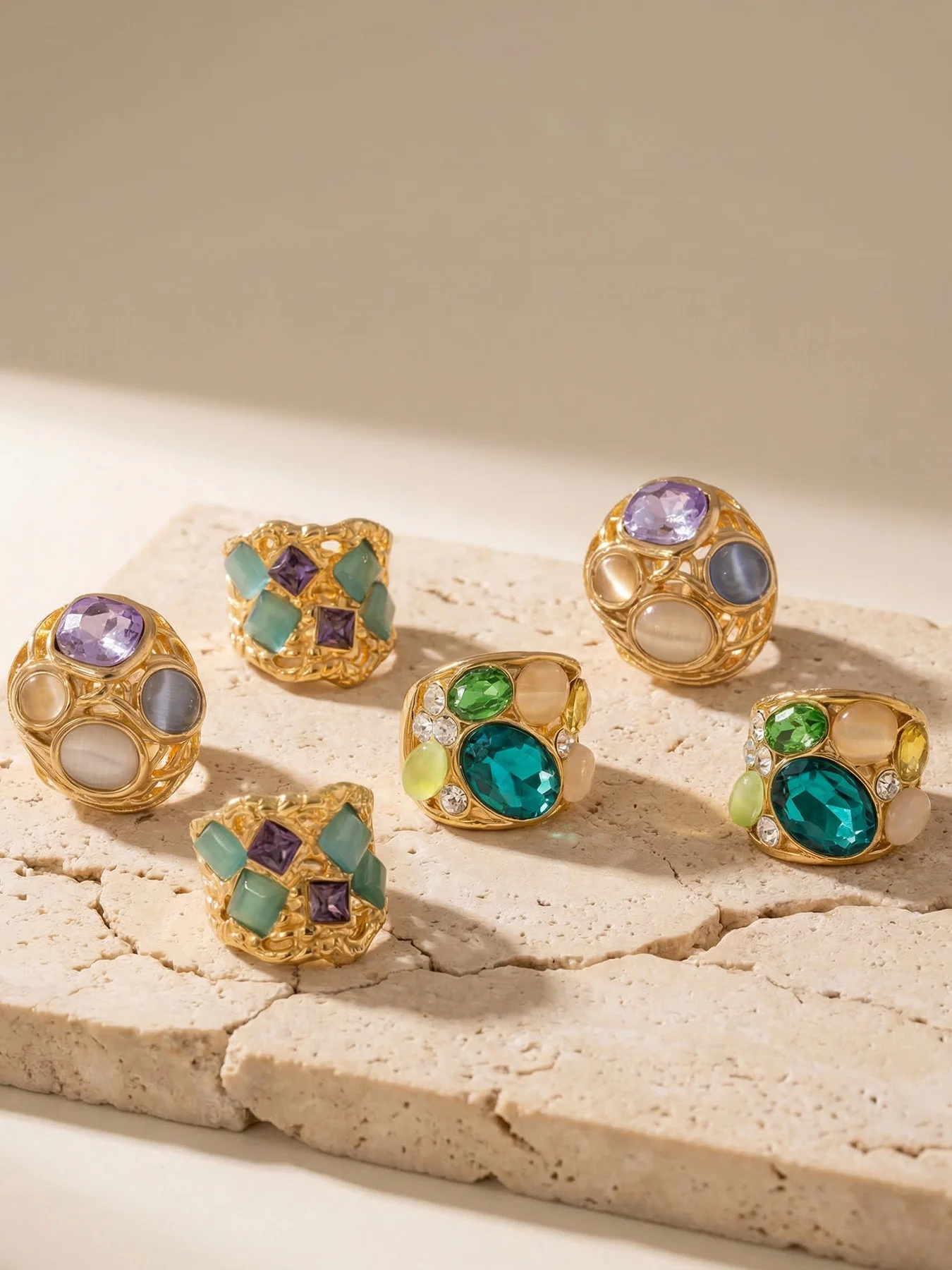 Bunte Funkelnde Steinringe 18k Vergoldeter Ring Edelstahl Kuppelringe Vintage Edelsteinring Statement-Schmuck für Frauen – Detail 10