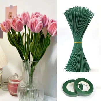 Artificial Flower Stem Wire Flower Pole Rod for diy Chenille Stems Stick Simulation Flower Material With Green Floriculture Tape