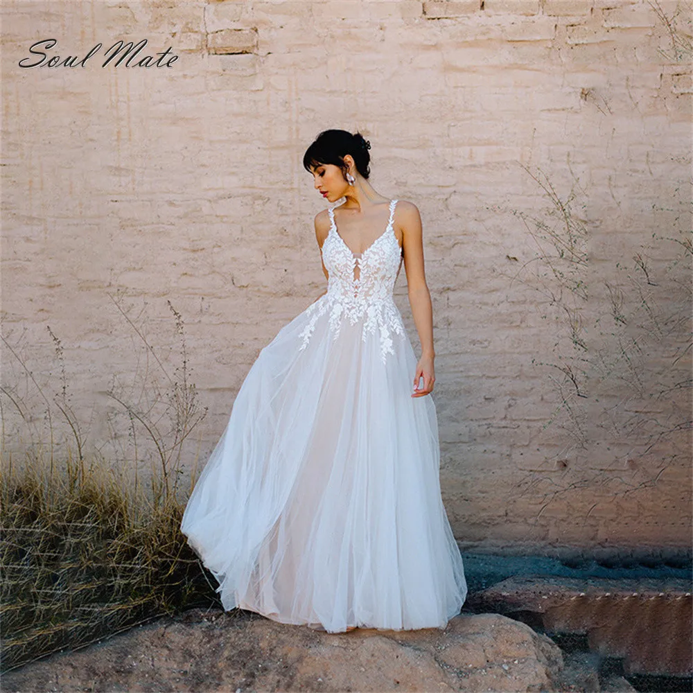

Sexy Boho A Line Wedding Dresses For Women Sweetheart Appliques Bride Robes Backless Spaghetti Straps Bridal Gown Robe De Mariee