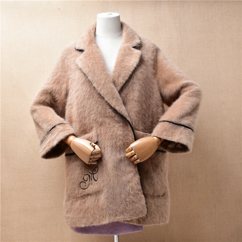 

04 Female Women Fall Winter Clothing Hairy Mink Cashmere Knitted Suit Collar Long Sleeves Loose Cardigans Jacket Sweater Coat