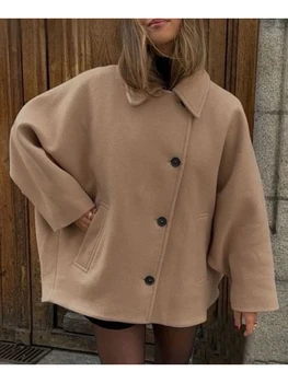 Women s Winter Oversized Wool Jacket with Batwing Sleeves and Lapel Collar Button Closure Solid Color Loose Fit Coat for Cold 4