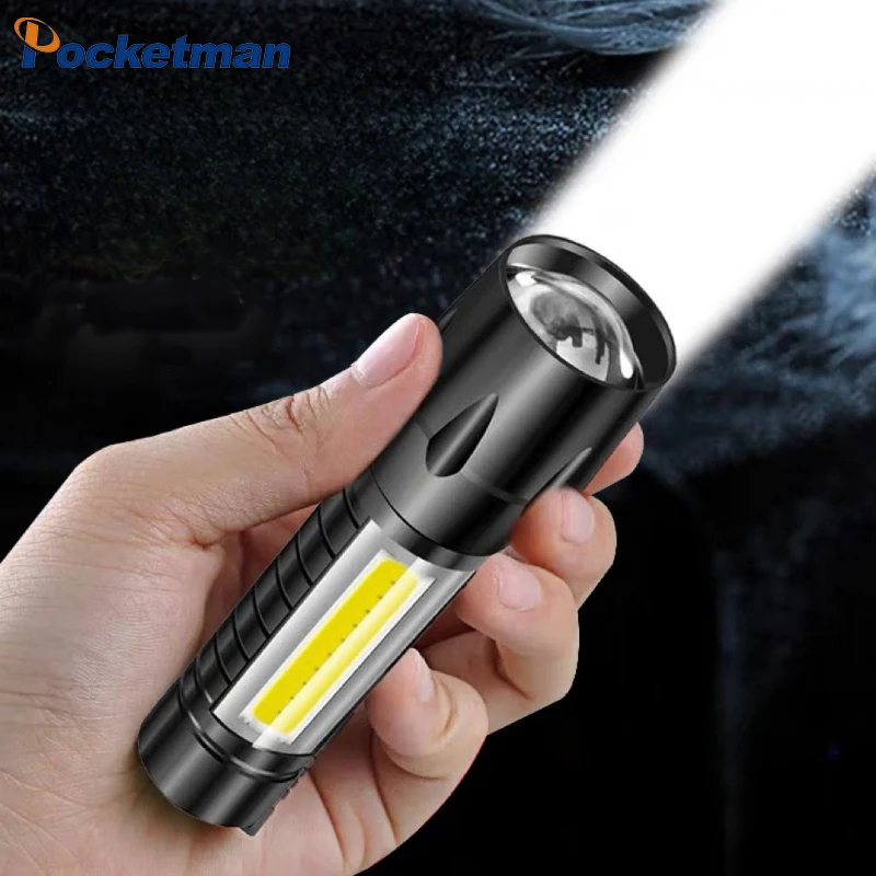 

Mini LED Built in Battery Flashlight Zoomable Focus Torch Outdoor Waterproof Lantern with Side Light Camping Fishing Penlight