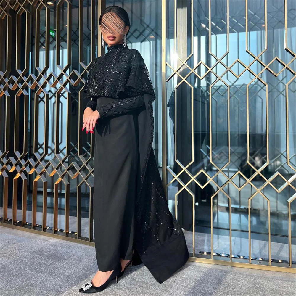 

MINGLAN Luxury Elegant High Neck Crystal Black Evening Dress For Party Woman Summer Style Elegant Fashion Formal Prom Gown New