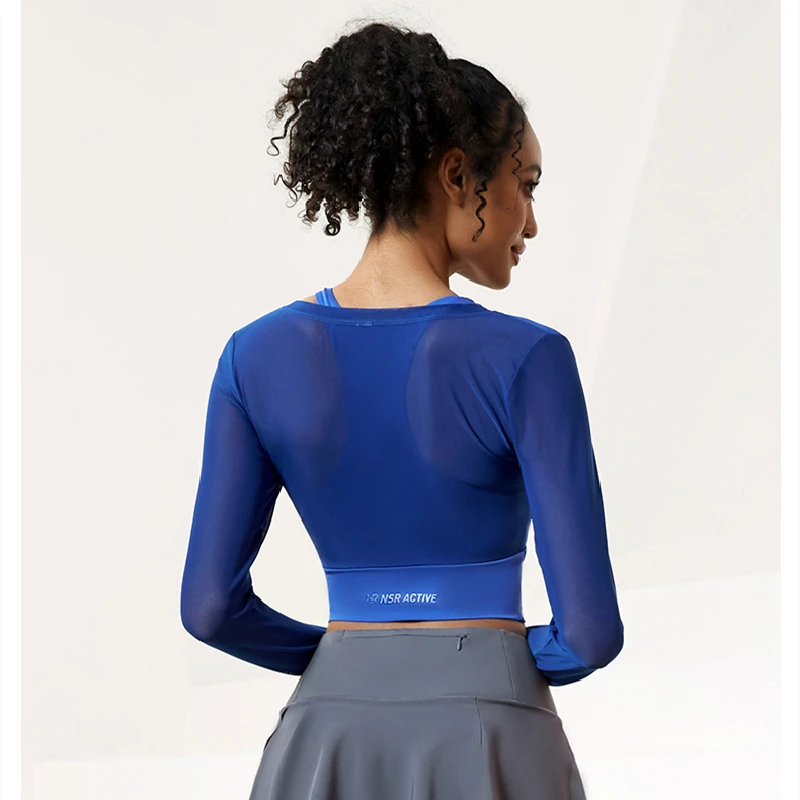 Women 2 in 1 Long Sleeve Cross Back Yoga Shirt Workout Gym Sport Tops Translucent Mesh Breathable Running Wear With Chest Pad