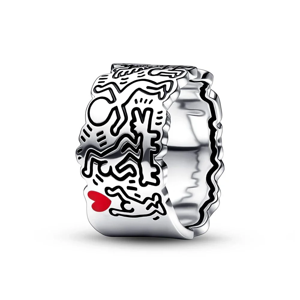 

New 925 Silver Pandora Line Art Love and People Wide Ring for Women Fashion Jewelry Birthday Party Gift