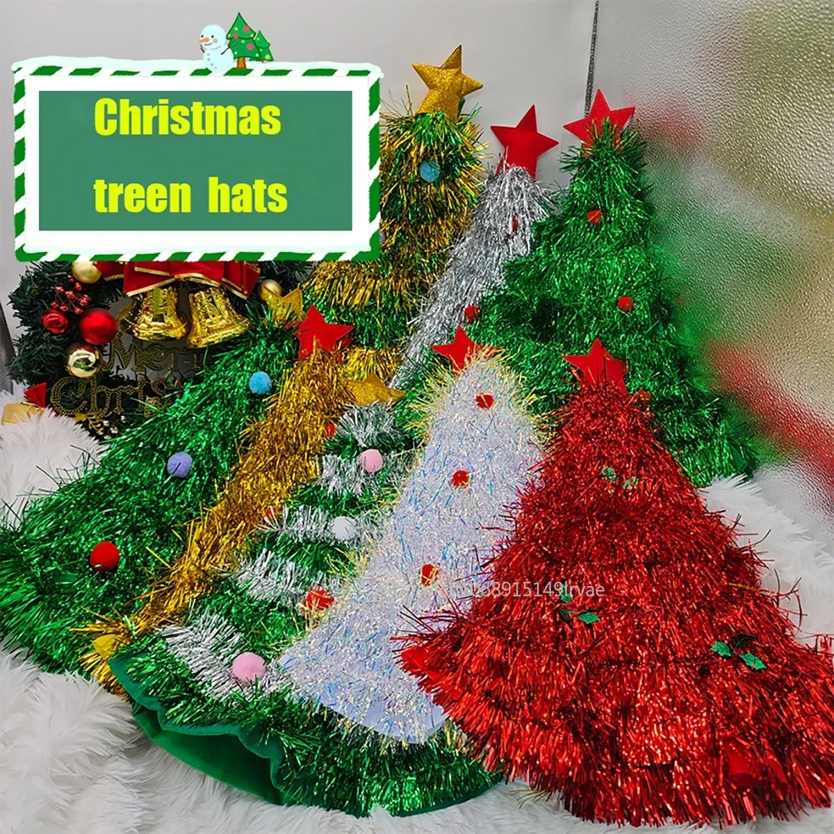 Christmas Tree Hats Fabric Rain Silk Hat for Adults Kids Funny Santa Hat with Tinsel Xmas Holiday Party Costume New Year Decor