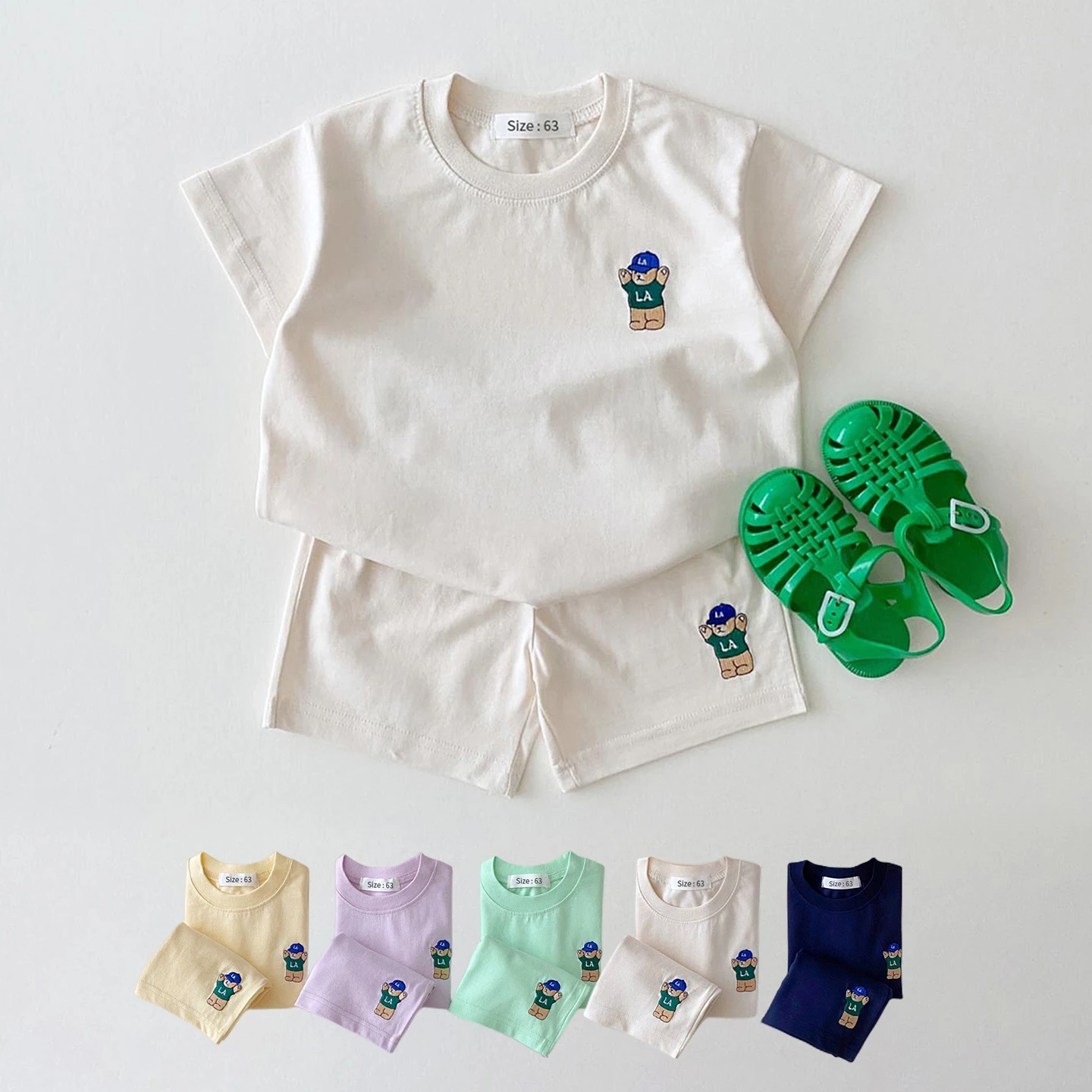 Korean Baby Boy Summer Clothes Set Embroidered Bear Colorful Tees T