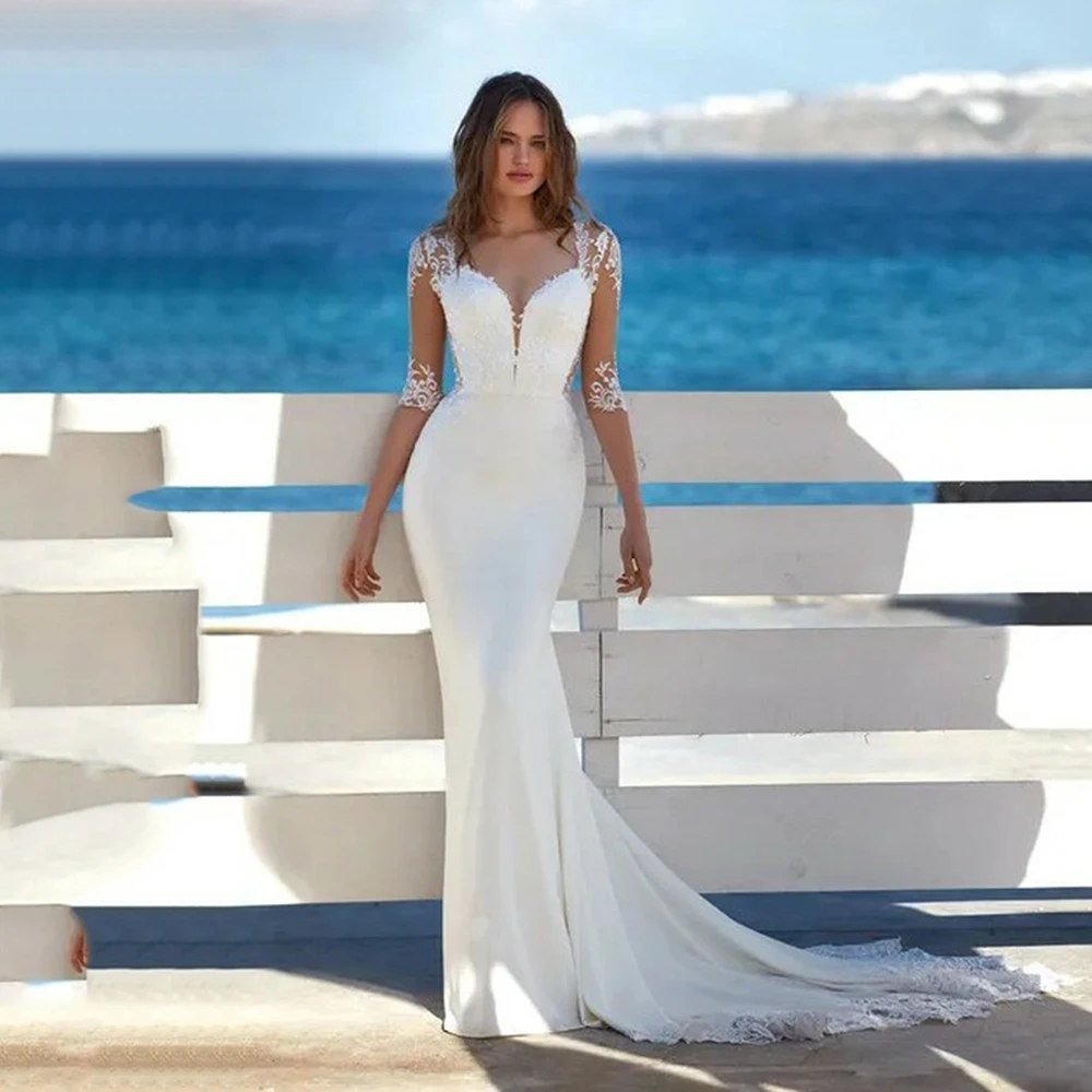 

Msikoods Boho Mermaid Satin Wedding Dresses Half Sleeves V Neck Bridal Dress Vestidos De Noiva Mariage Sweep Train Bridal Dress
