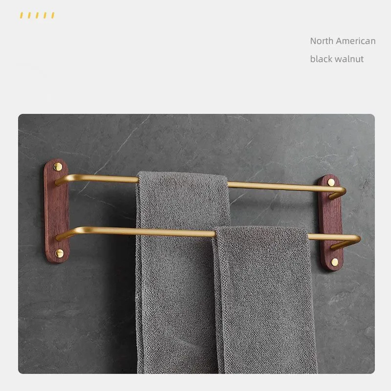 Chinese Style Towel Rack Vintage Bathroom Walnut Towel Rack Double Pole Non Perforated Bathroom Wood Gold Wall Pole ZF217