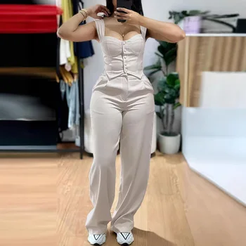 2025 American European New Fashion Women's Elegant Solid Color Trendy 2 Piece Sets Strapeless Suspender Vest Trousers Female 1