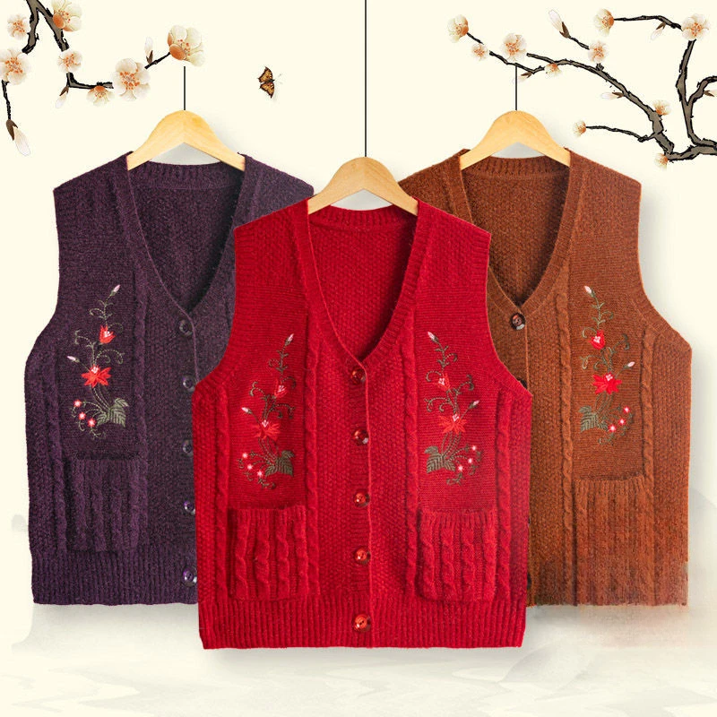 

Middle-Aged Elderly Women Autumn Winter Fashion V-neck Printed Warm Knitted Vest Female Casual Sleeveless Sweater Waistcoat C47