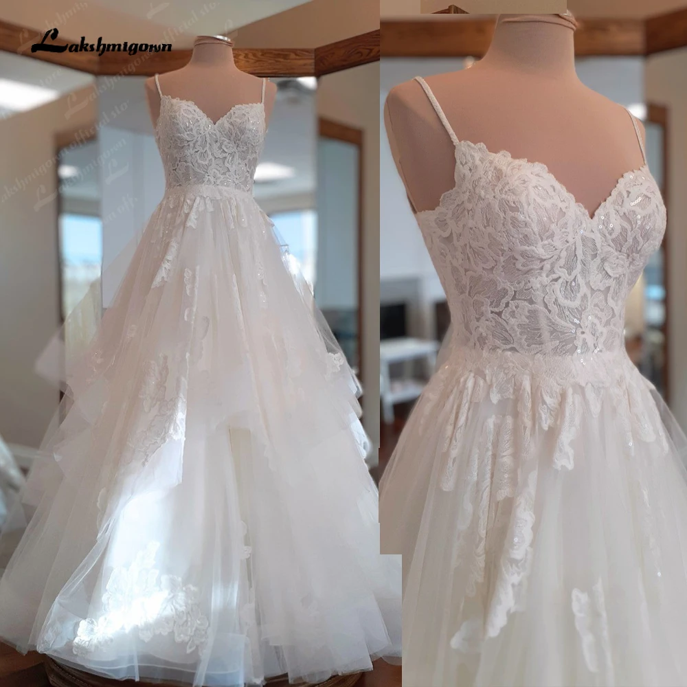 Lakshmigown Tulle Ruffles Wedding Dresses Ball Gown Princess Appliques Sleeveless Floor Length Spaghetti Straps Backless V-Neck wedding dresses
