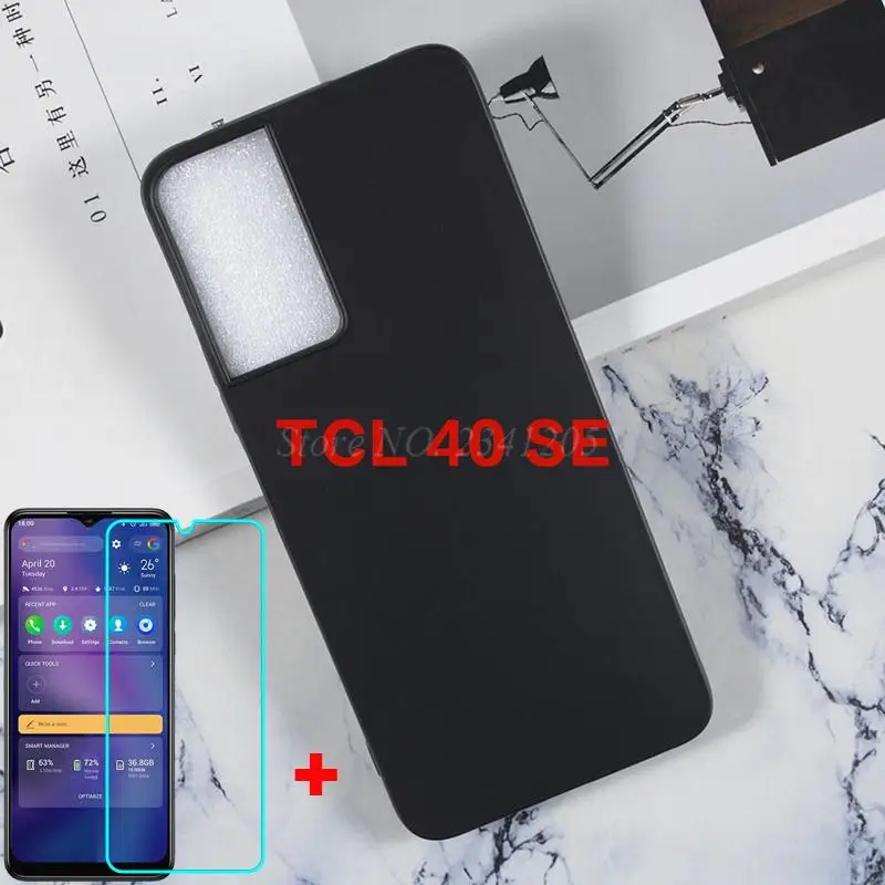 

2 в 1, Защитное стекло для Etui TCL 40 SE, силиконовый чехол, мягкий черный ТПУ телефон для TCL 40 SE 40SE 6156A 6156A1, закаленное стекло