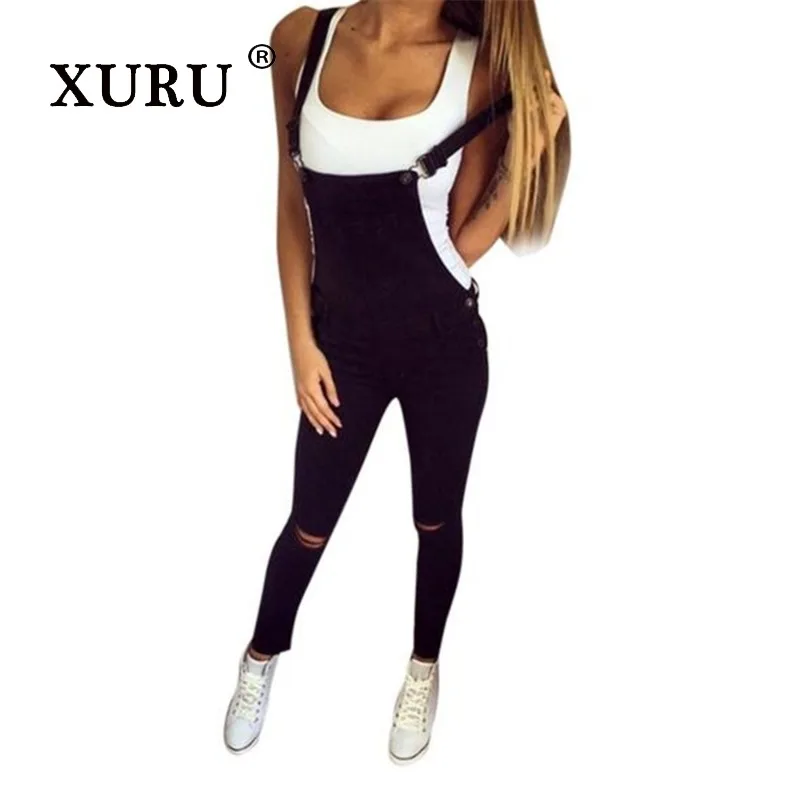 XURU-Europe and The United States New Suspenders Jeans Women's Jumpsuits, Double Shoulder Straps Broken Jeans K34-0016