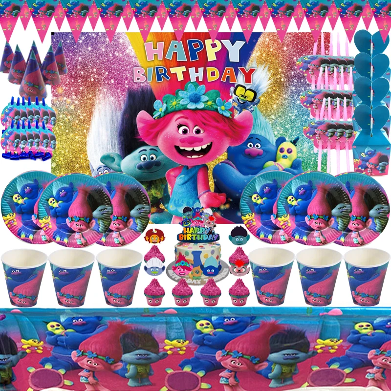 

Trolls 2 Magic Hair Party Supplplies Birthday Decor Baby Shower Trolls World Tour Plate Flag Hat Trolls Party Decorations Toys