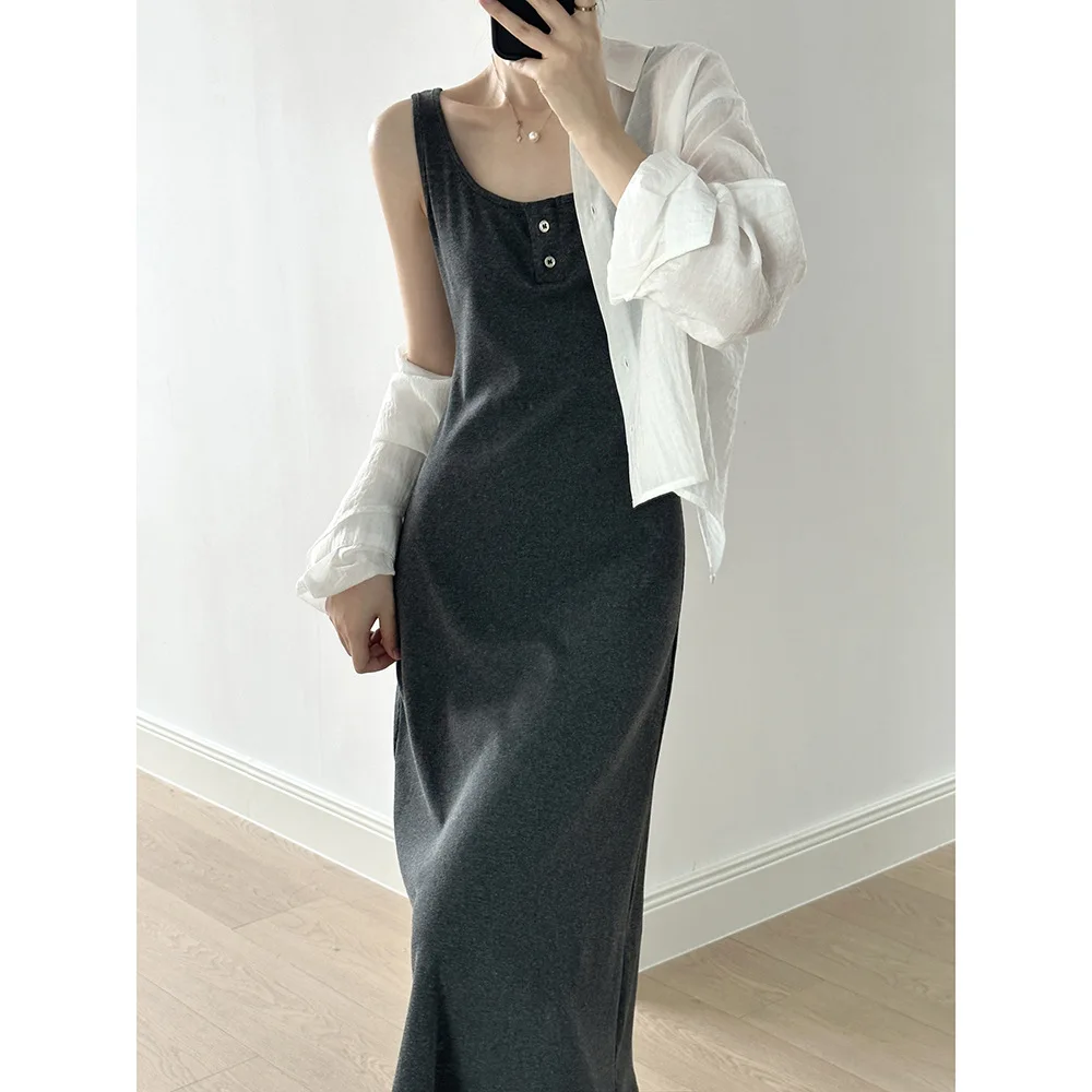 

Women Clothing 2024 Korean Style Square Collar Sleevelesst Dress 2024 Summer New Temperament Slim Knit Solid Color Casual Dress