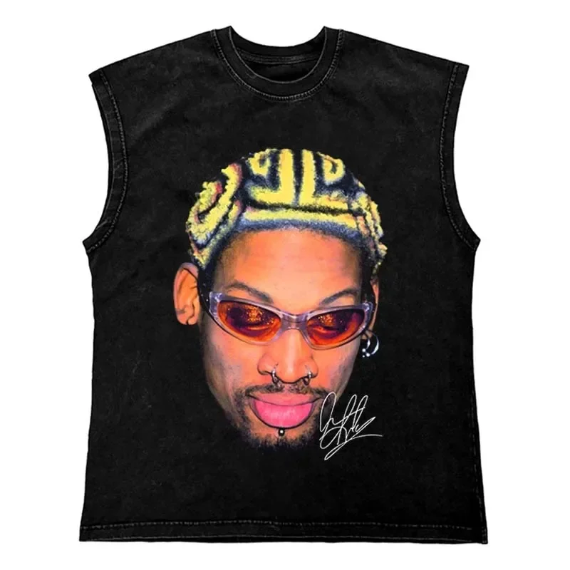 Lip Print Pattern Washed T Shirt Vintage Loose Tank Top Casual Sleeveless Cotton Tshirt Hip Hop Streetwear Oversize Tops Vest