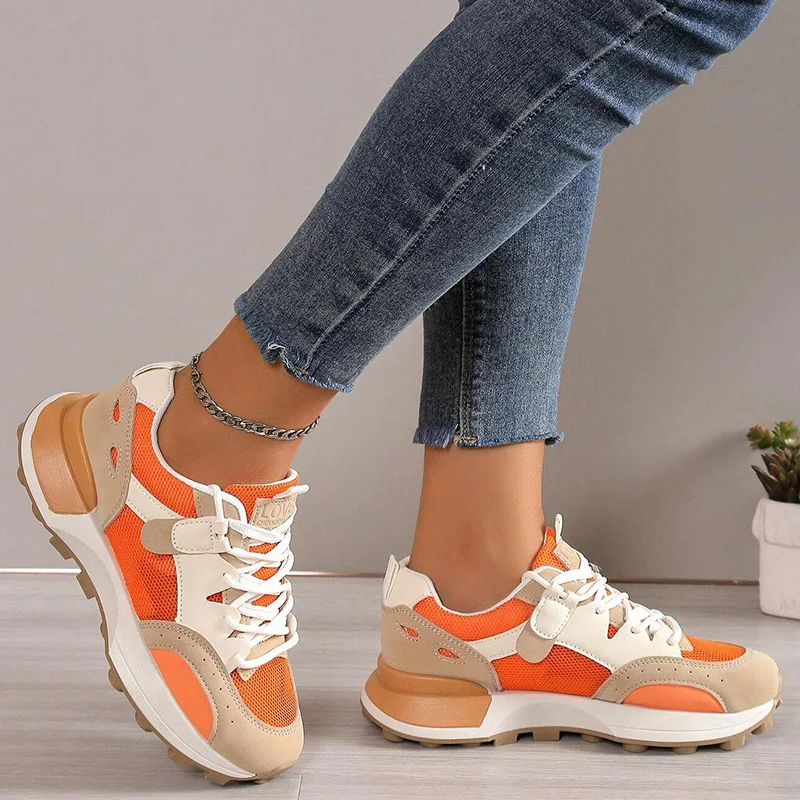 

Women Summer Color Block Letter Patch Decor Sneakers Soft Sole Shoes Women Chunky Heel Fashion Sneaker Breathable Sneakers