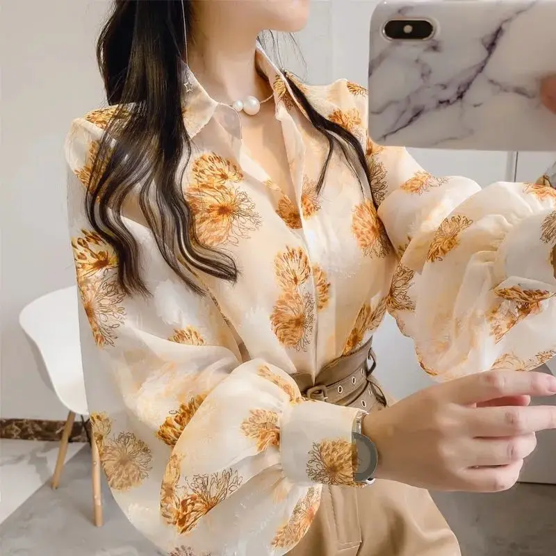 

Women's Trendy Print Turn Down Collar Button Up Shirt Vintage Lantern Long Sleeve Blouse Casual Chic Loose Tops Blusas De Mujer