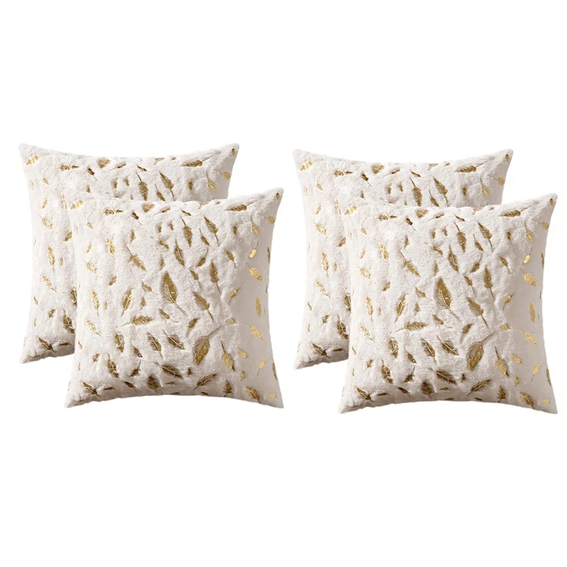 

A50I 4Pcs Throw Pillow Covers Plush Faux Fur With Gold Feathers Cushion Covers Fuzzy Pillowcase For Couch Sofa Bed, 18 Inch