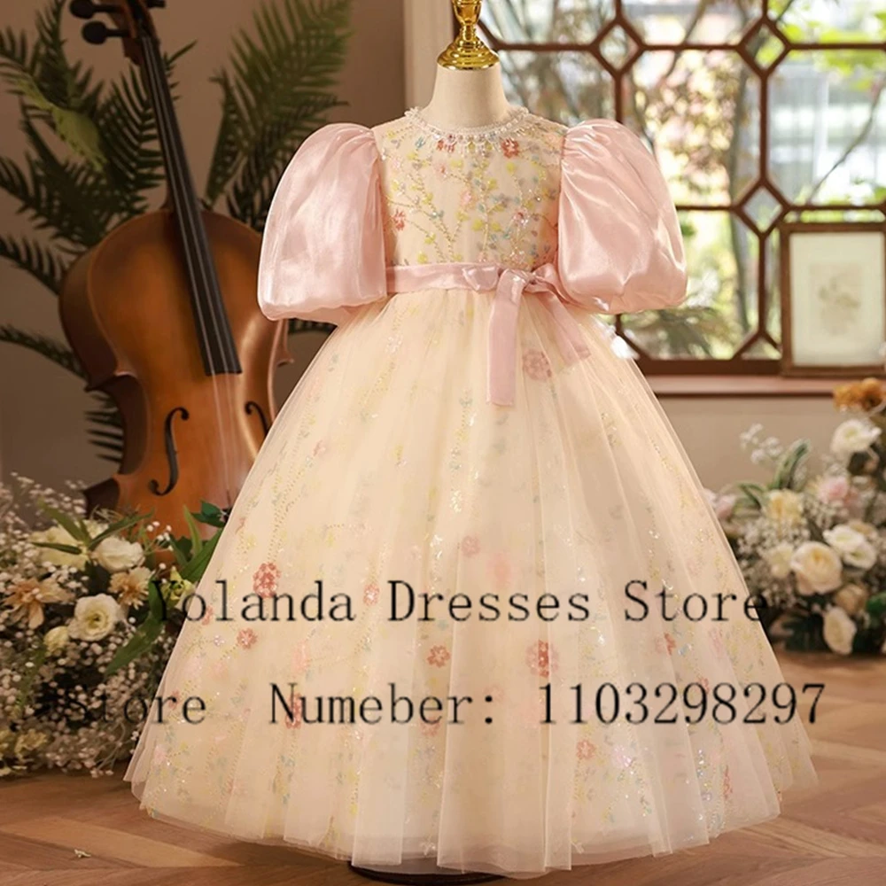 

Pastrol Flower Girl Dress Princess Floor Length Short Sleeve First Communion Gown High Quality Soft Tulle Prom Dresses With Sash