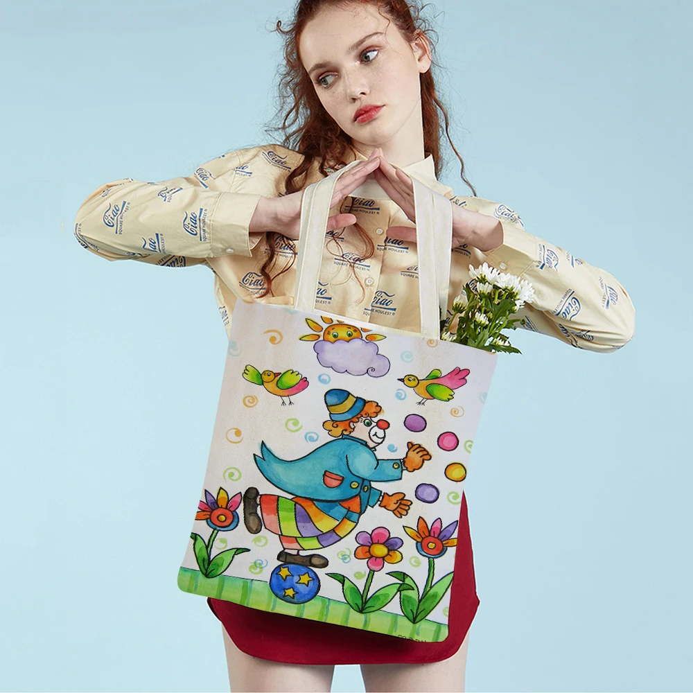 

Детские Женские сумки для покупок с рисунком маслом, двусторонняя сумка-тоут, многоразовая Складная холщовая дорожная сумка через плечо с мультяшным цветочным рисунком