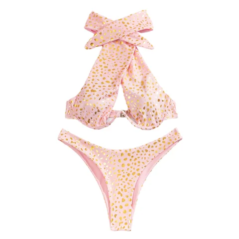 Swimwear for Women Bikinis Set Spots Print Underwire Halter Neck Push Up Padded Bikini Bra + Panties 2 Pieces New