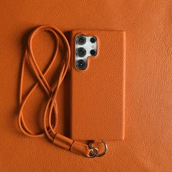 Luxury Cowhide Genuine Leather Crossbody Phone Cover with Strap - Galaxy S26+ (Orange 6308)