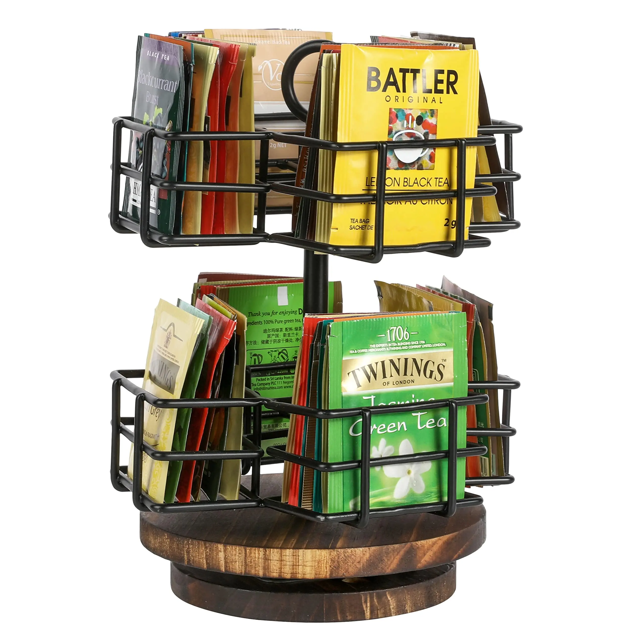 

8-Compartment Carousel Tea Bag Organizer Rack - Industrial Matte Black Metal Wire Baskets, Rustic Burnt Wood Lazy Susan Base