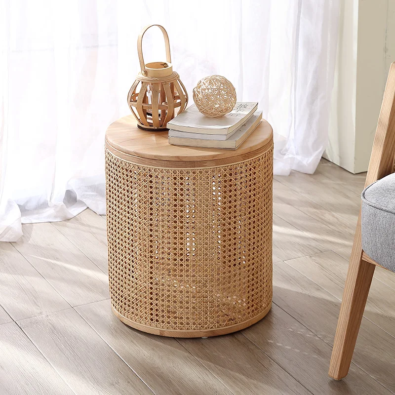 

Плетеный из твердой древесины ротанга в японском стиле, современный простой маленький боковой столик с деревянными бревенками, Круглый Журнальный столик для гостиной