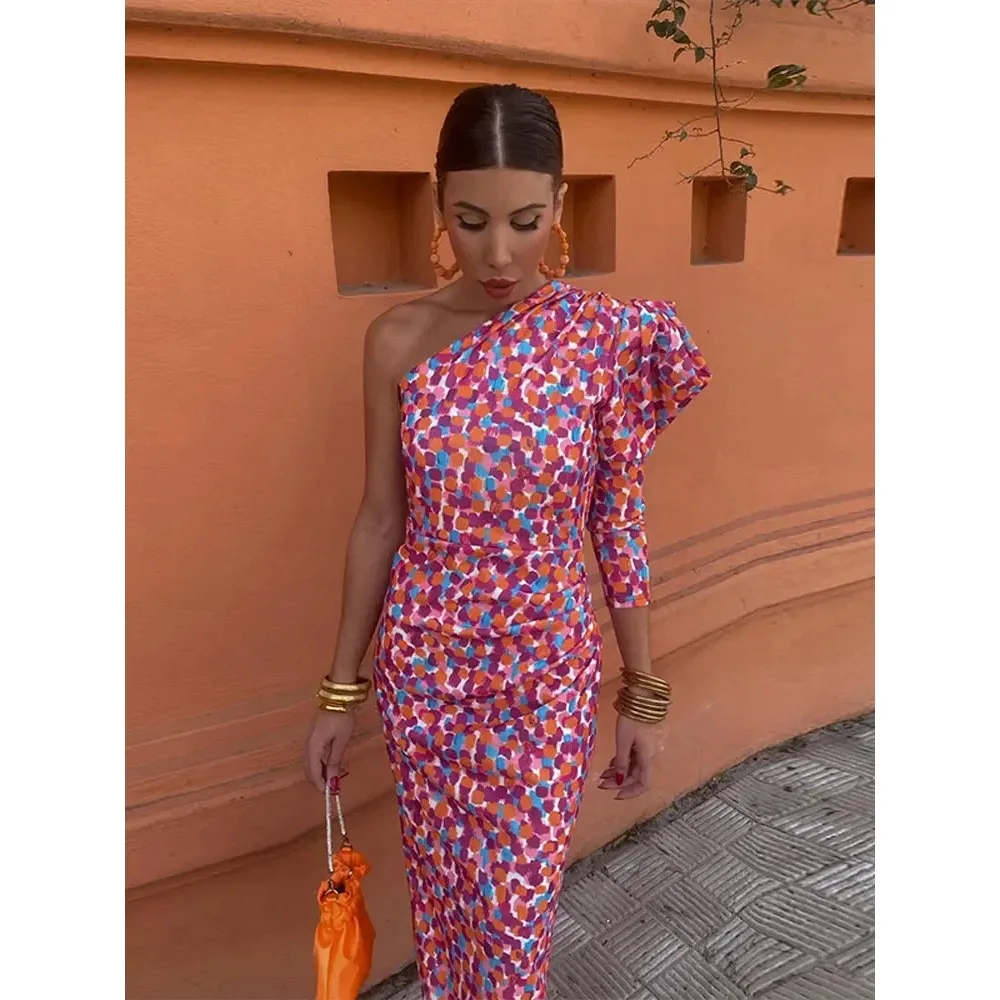 

Elegant Women Diagonal Shoulder Printed Slim Long Dress Fashion Asymmetric Long Puff Sleeve Maxi Dresses Lady Party Club