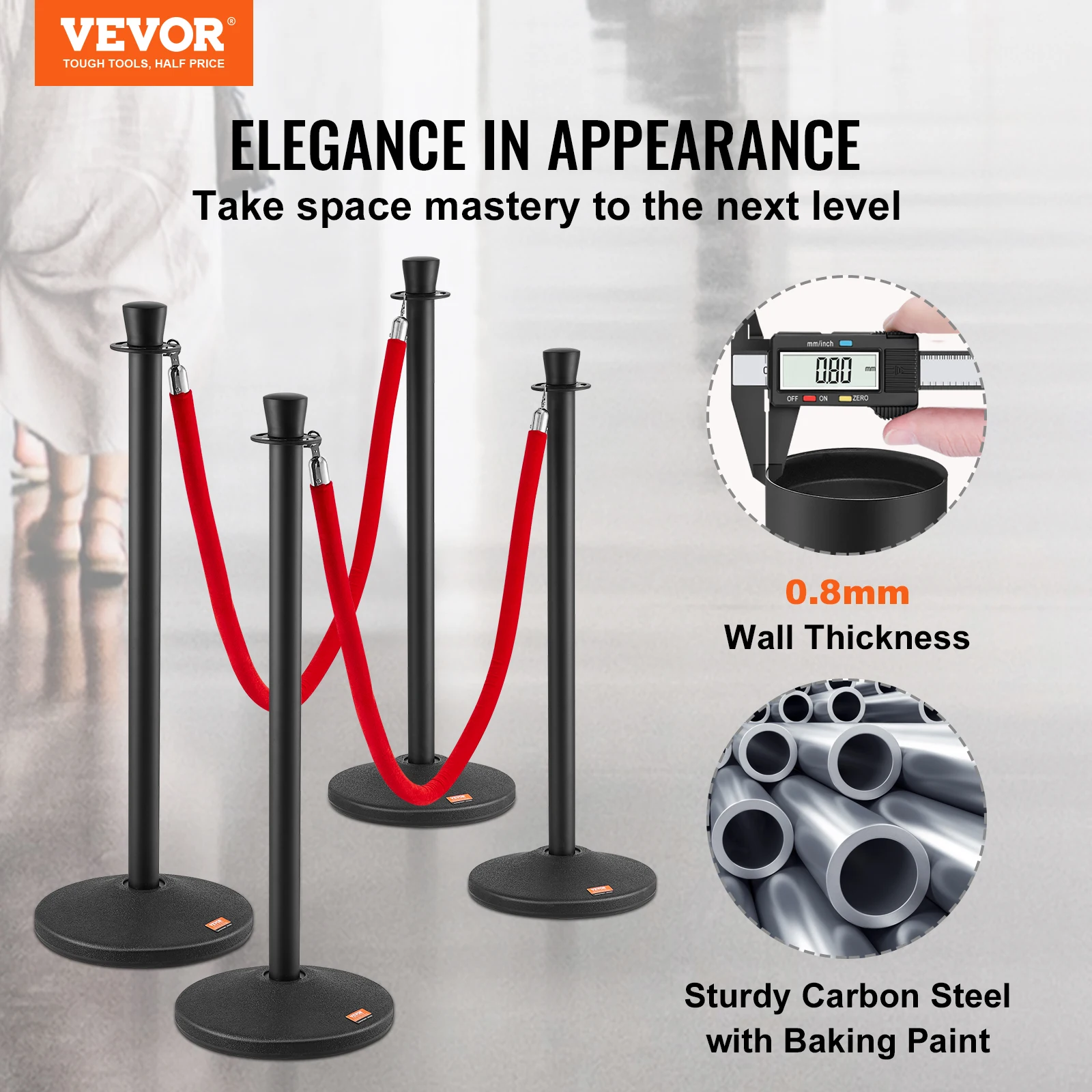 Carbon Steel Crowd Control Stanchion with Velvet Rope