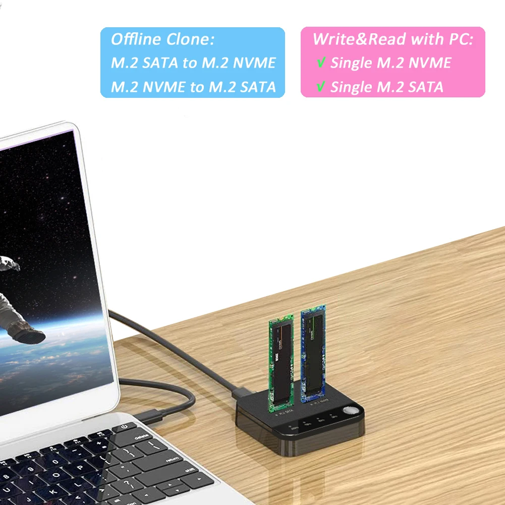M.2 SATA/NVMe Dual-Bay Hard Drive Docking Station Data Transmission M.2 SSD Duplicator with LED Indicator Reading for Store Data