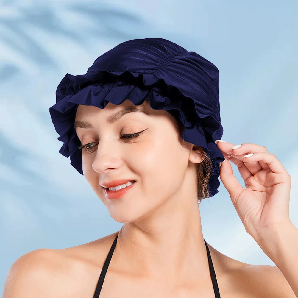 

Женская плиссированная шапка для плавания, эластичная шапка для купания, Удобная шапка для душа, защита ушей, сохраняет прическу неизменной, для длинных и коротких волос