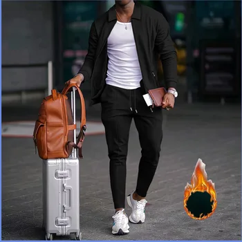 Set giacca da uomo con colletto e camicia con cerniera per l'autunno/inverno 2025, pantaloni casual stile street alla moda e completo sportivo 1