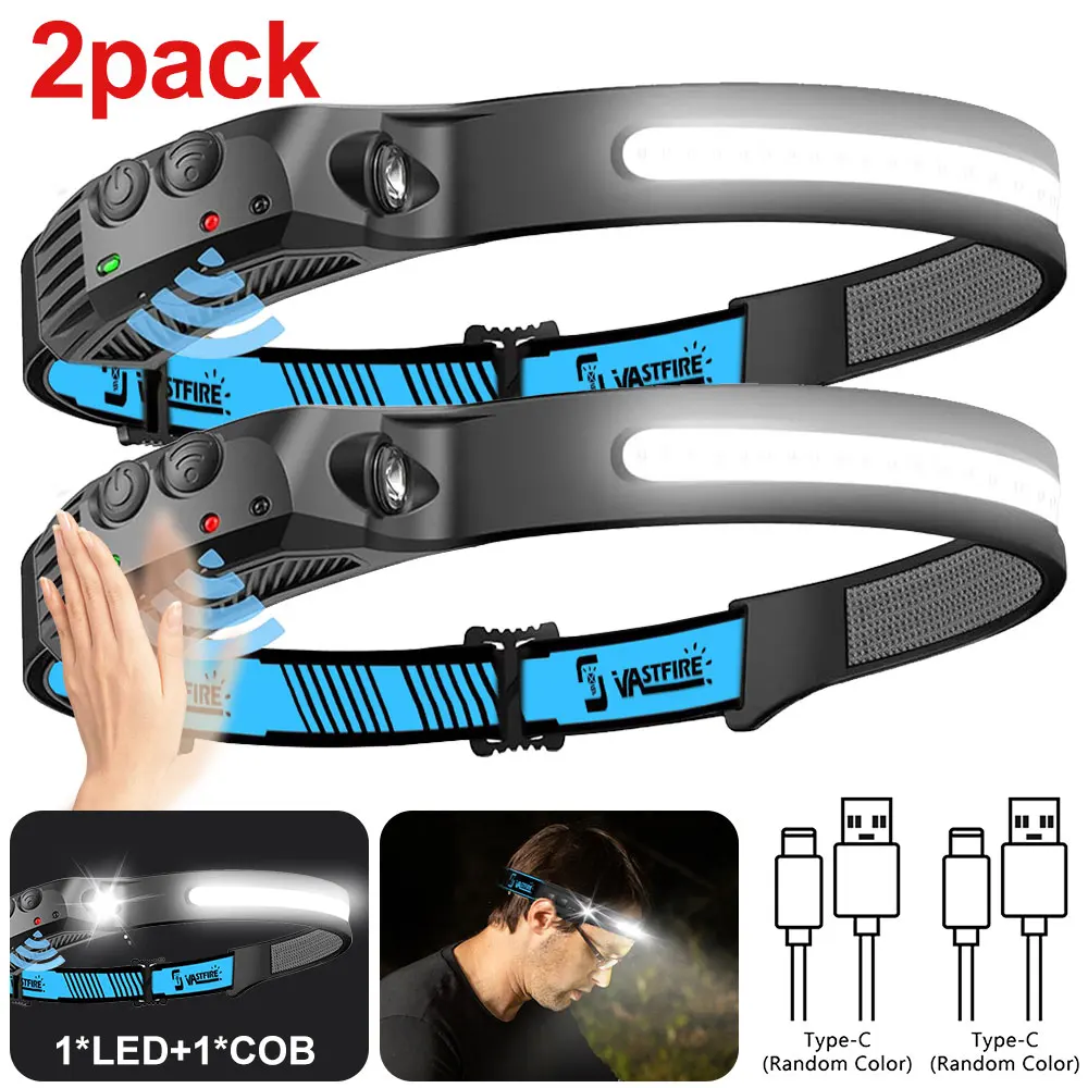 2PCS LED Bright Headlight USB Rechargeable Head Flashlight Motion Sensor Portable For Camping Running Hiking Fishing 2