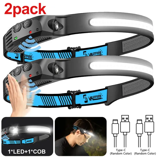 2PCS LED Bright Headlight USB Rechargeable Head Flashlight Motion Sensor Portable For Camping Running Hiking Fishing 2