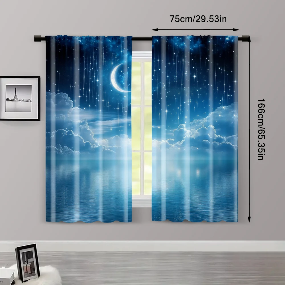 2pcs, Window Curtains Starry night sky moon and foggy clouds landscape Protecting Privacy Family Party Decoration Use for 3