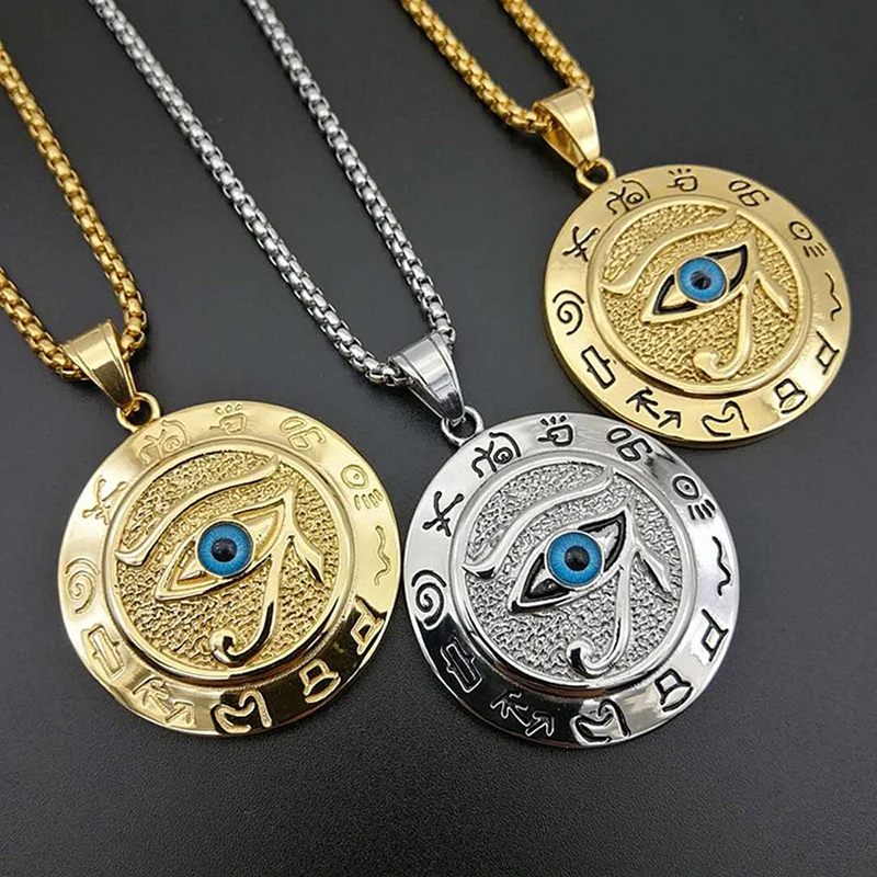 

Stainless Steel Geometric Round Eye of Horus Pendant Necklace for Men Hip Hop Rapper Jewelry Drop Shipping