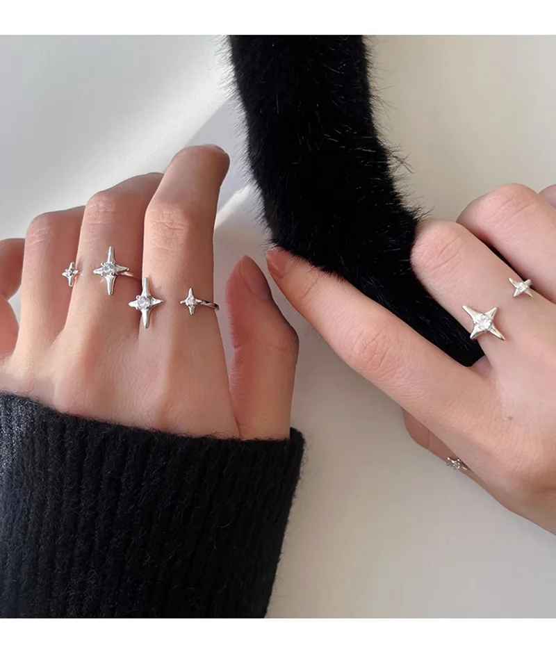Silver Color Star Zircon Ring silver ring wedding rings womens ring jewelry rings ring jewelry cubic zircon ring Female Unique Design Wishing Star Wedding Ring Opening Index Finger Adjustable