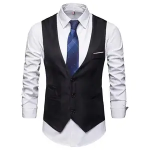 Men Business Waistcoat Sleeveless Low-cut V Neck Single-breasted Slim Patch Pockets Buttons Formal Groom Vest