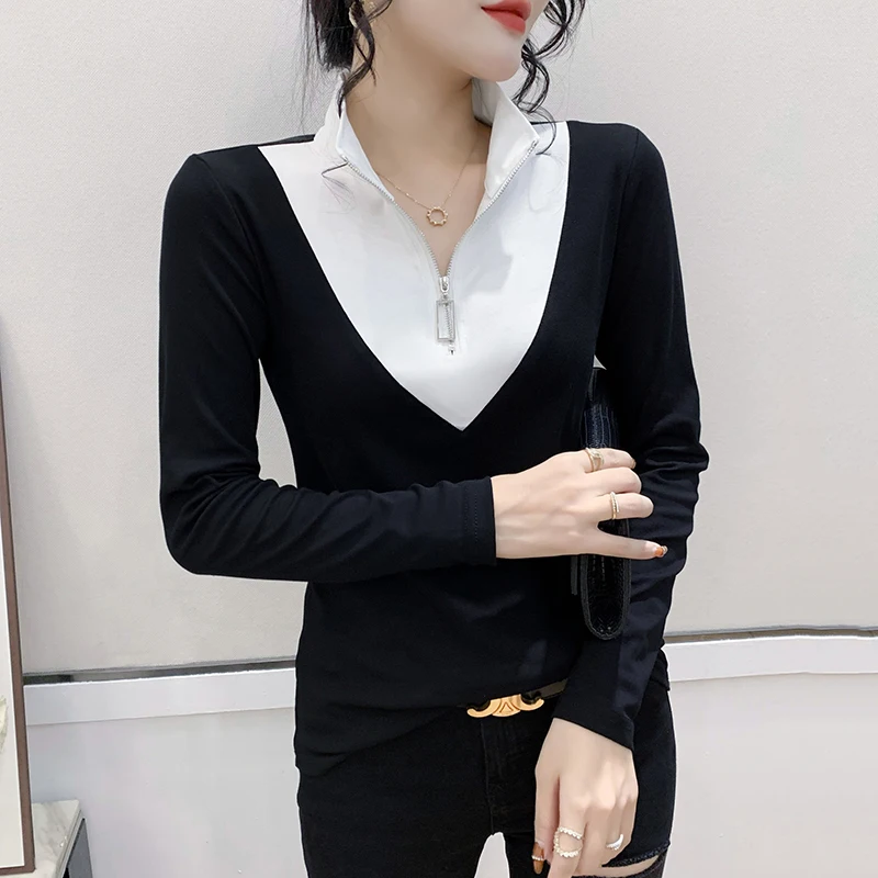 

Fall Winter European Clothes Cotton Lady T-Shirt Chic Sexy Stand Zipper Black White Patchwork Women Tops Color Blocking Tees 954