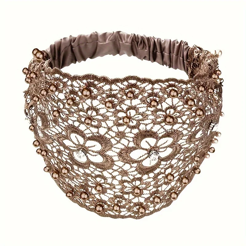 1pc, 4 Styles, Elegant Hollow Lace Flower Pattern Headband, With Faux Pearl Charms Stretch Headband, Wide Brim Rhinestone