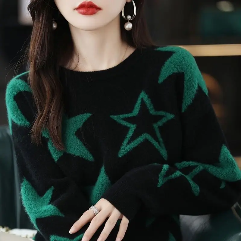

Korean Autumn Winter Fashion Knitted Printed Spliced Loose Women's O Neck Sweater Casual Pullover Top All-match Commute Sweaters