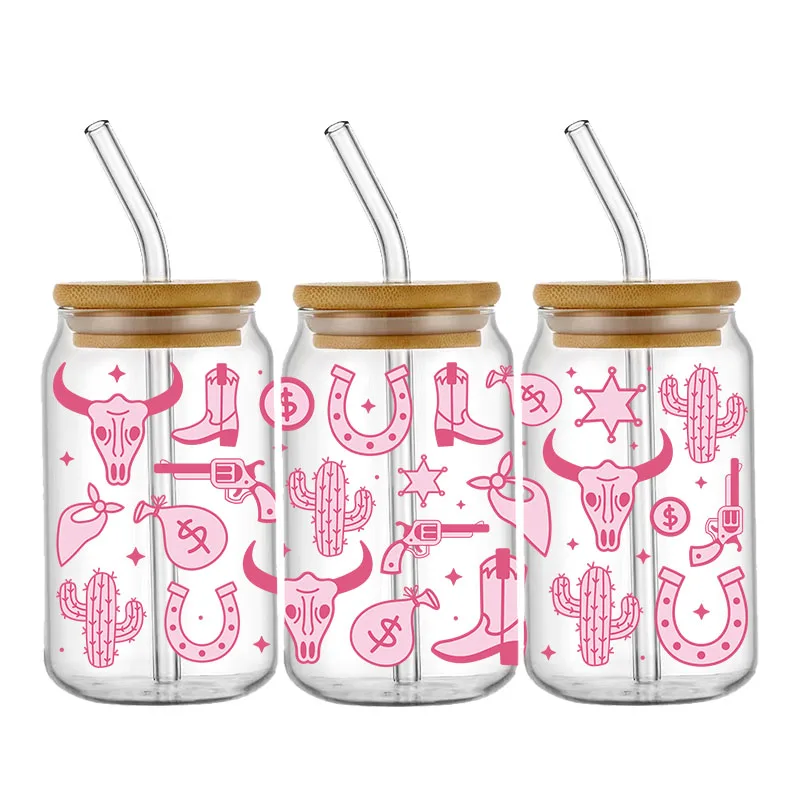 핑크 부츠 모자, 16OZ UV DTF 컵 랩 전사 스티커, 유리 리비 캔 병 자체 접착 세척 가능, DIY 커스텀