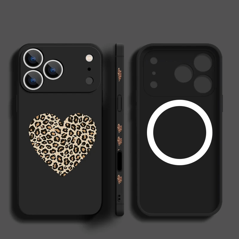 Leopard Print Love Heart Magnetic TPU Lanyard Case
