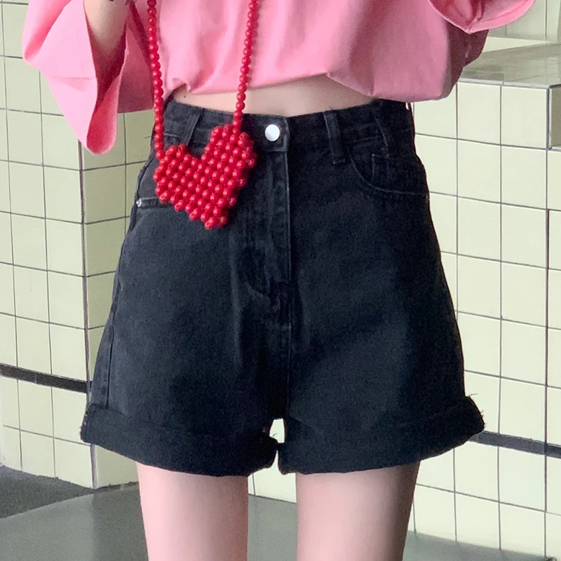 High Waist Rolled Denim Shorts Y2K Streetwear Casual Loose Casual Korean Chic Summer Beach Jeans Shorts Female White Black Blue